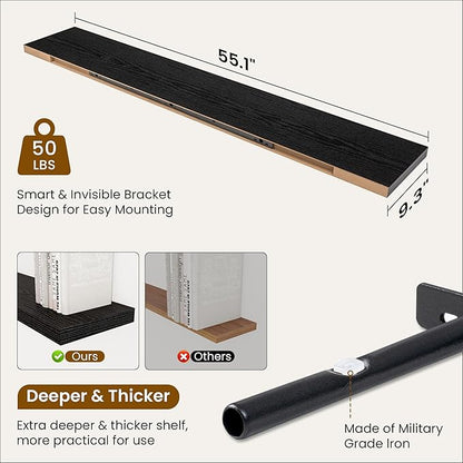 Fun Memories 55 Inch Fireplace Mantel Shelf -Long Floating Shelves, Deep Wall Mounted Farmhouse Display Shelves with Invisible Heavy Duty Metal Bracket, Black, 2 Pack