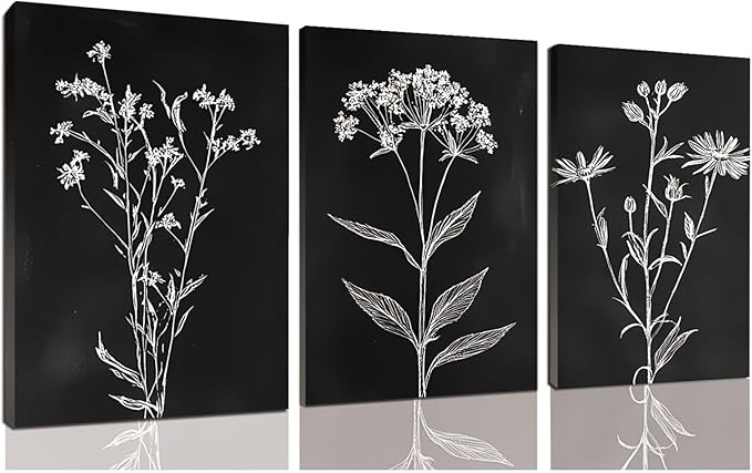 sawjug Black And White Botanical Canvas Wall Art,Minimalist Wildflower Wall Decor,Vintage Botanical Floral Wall Painting for Living Room, Bedroom,Office (12" x 18" x 3 pcs)