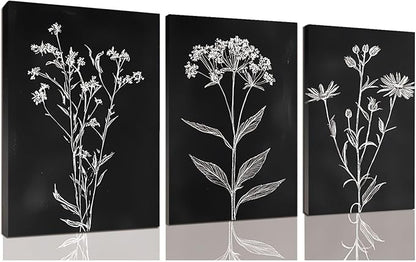 sawjug Black And White Botanical Canvas Wall Art,Minimalist Wildflower Wall Decor,Vintage Botanical Floral Wall Painting for Living Room, Bedroom,Office (12" x 18" x 3 pcs)