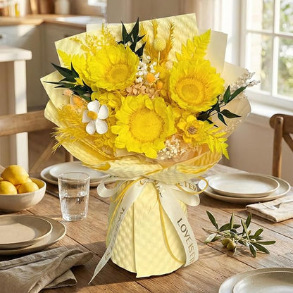 Vaanshie Yellow Preserved Sunflower Bouquet – Long Lasting Eternal Flowers Gift for Her, Valentine’s Day, Birthday, Anniversary & Bright Home Décor