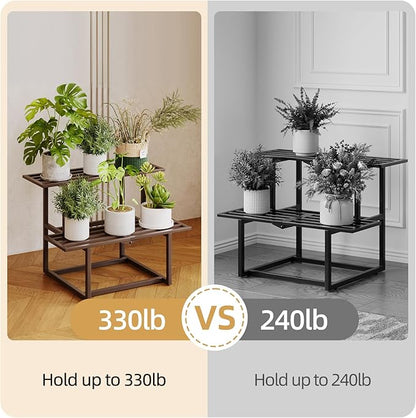Metal Plant Stand Indoor, Outdoor Iron Plant Shelf, Heavy Duty Slatted Display Shelf for Patio Balcony Garden Living Room Load Bearing 330 LB 26" L x 20.2" H x 17.7" W 2 Tier Coffee