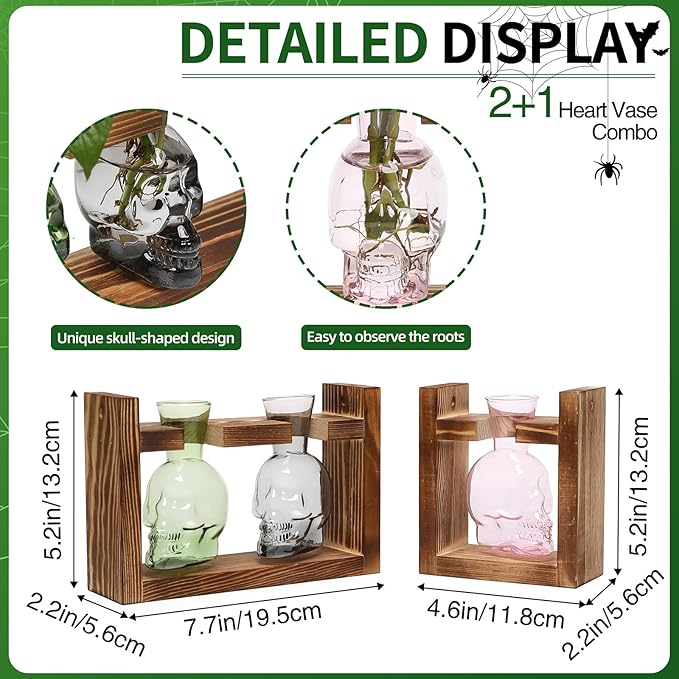 2+1 Plant Terrarium Plant Propagation Station Gifts for Father Halloween Skull Home Office Decor with Wooden Stand