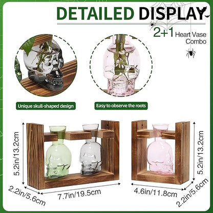 2+1 Plant Terrarium Plant Propagation Station Gifts for Father Halloween Skull Home Office Decor with Wooden Stand