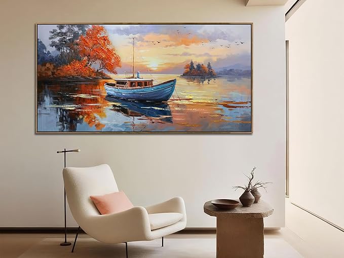 Brushart Ship Wall Art for Living Room, Large Canvas Wall Art Landscape Pictures Paintings Wall Decor Textured Artwork for Walls Bedroom Home Office, Framed 58"x29"