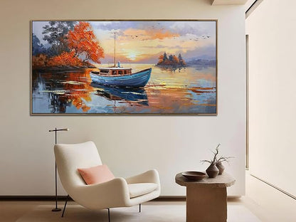 Brushart Ship Wall Art for Living Room, Large Canvas Wall Art Landscape Pictures Paintings Wall Decor Textured Artwork for Walls Bedroom Home Office, Framed 58"x29"