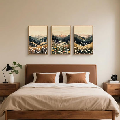 Large Boho Wildflower Framed Canvas Wall Art,Vintage Mountain Wall Decor,Nature Floral Prints,Rustic Daisy Landscape Artwork for Living Room,Bedroom,Dining Room -24"x36"x3
