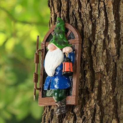 Gnome Open The Door Garden Decor Resin Tree Faces Decor Outdoor Fairy Garden Patio Lawn Porch (Blue)