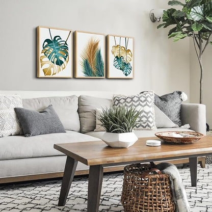 Natural Wood Framed Wall Art For Living Room Wall Decorations For Bedroom Kitchen Wall Decor Dining Room Leaves Painting Abstract Wall Pictures Artwork Bathroom Home Decor 3 Piece Framed Art Prints