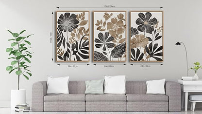 Large Framed Canvas Wall Art - Natural Float Framed Rustic Black Flowers Leaves Pictures Decor Brown Floral Foliage Artwork for Bedroom Living Room Kitchen Home Office Decoration 72" X 36" Set of 3