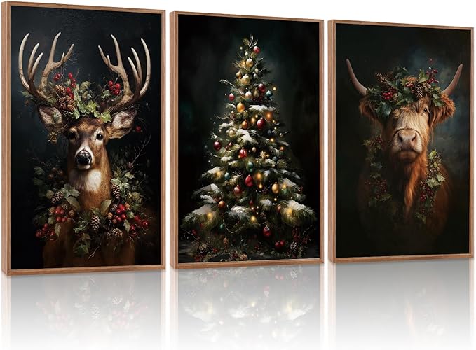 HLNIUC Dark Christmas Framed Wall Art Set,Vintage Christmas Highland Cow Canvas Wall Decorations,Modern Xmas Tree Reindeer Painting,Festive Winter Canvas Art Print for Living Room Office-16 x24 x3