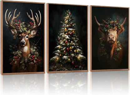 HLNIUC Dark Christmas Framed Wall Art Set,Vintage Christmas Highland Cow Canvas Wall Decorations,Modern Xmas Tree Reindeer Painting,Festive Winter Canvas Art Print for Living Room Office-16 x24 x3