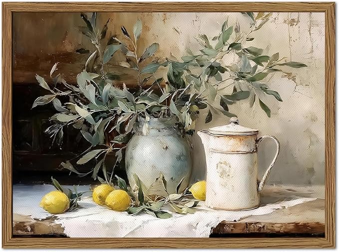 Framed Vintage Kitchen Wall Art, Rustic Yellow Lemon Still Life Pictures Wall Decor, Country Botanical Paintings Canvas Prints Farmhouse Home Decor for Dining Room Living Room 16x24 inch