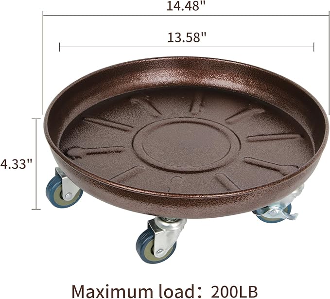 Plant Caddy with Wheels 14 Inch 2 Pack, Heavy Duty Metal Plant Stand & Dolly with Lockable Casters, Holds 200 lbs for Indoor Outdoor Large Flower Pots, Bronze