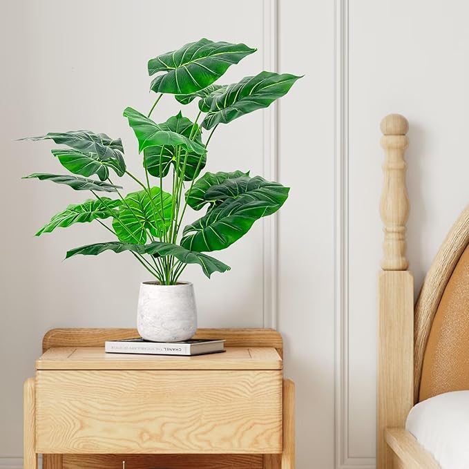 Artificial Faux Alocasia Tree Leave Plants - 2PCS 28'' Tall Fake Alocasia Leaf Plant Indoor Outdoor, Large Faux Floor Plant for Living Room Bathroom Bedroom Plants Decor, Farmhouse Home House Decor