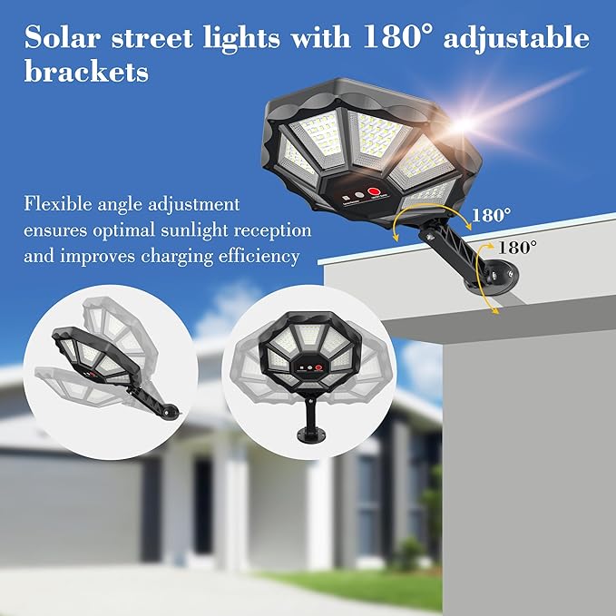 Solar Lights Outdoor - 6500K Solar Street Lights Outdoor, Motion Sensor&Dusk to Dawn Flood Light, 168LED 8 Sides 360°Wide Angle Security Flood Light, IP66 Waterproof with Remote, for Yard/Pool(2 Pack)