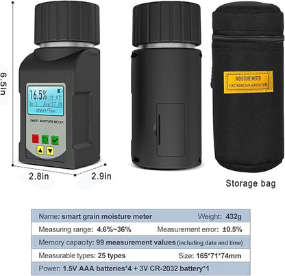 Portable Moisture Tester for Grain,25 Grain Moisture Meter with Backlit Digital Meter Readout & Voice Broadcast, Moisture Temperature Tester for Wheat, Soybean, Coffee and More