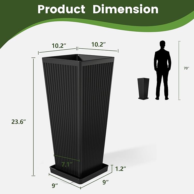 Tapered Tall Planters for Outdoor Plants 2 Pack- 23.6 Inch Square Indoor Flower Pots with Drainage Holes and Partition/Tray Saucers, Large Outdoor Planters for Porch Patio Garden, Black