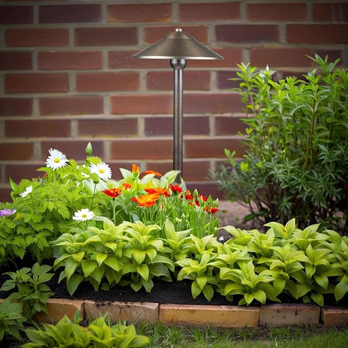 DOSHINE® Solid Brass Low Voltage Landscape Lighting Pathway Lights (9" Shade, 22" Tall) with Replaceable 3W G4 LED Bulb 3000K AC/DC 12V and Ground Stake for Outdoor Walkway Driveway (UFO, 4-Pack)