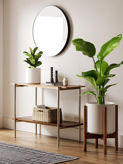LE TAUCI 12 Inch Planter with Acacia Wood Stand, Large Ceramic Indoor Plant Pot with Drainage Hole & Plug, Mid Century Modern Plant Holder for Fiddle Leaf Fig, Monstera, Snake Plant, White