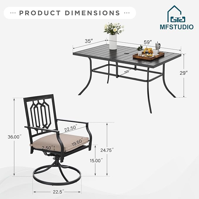 MFSTUDIO Metal Patio Dining Sets for 6, Outdoor Furniture Set with 6 Swivel Armrest Chairs with Cushion and 1 Metal Steel Slat Dining Rectangle Table