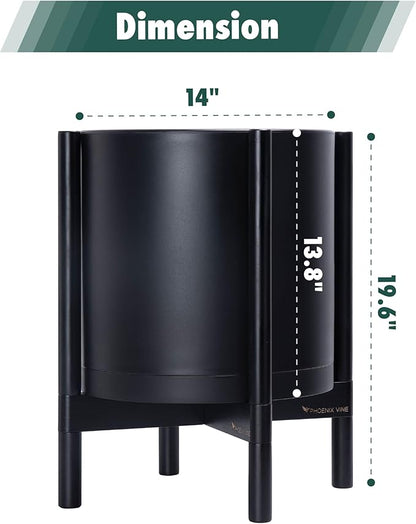 D'vine Dev Planter Pot with Stand - 14 Inch Plastic Cylinder Flower Pot with Wood Planter Holder for Indoor, Matte Black Pot + Ebony Stand, 55-C-T-2