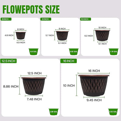 4 Pack 12 Inch Retro Plant Pots, Vintage Striped Flower Pots with Drainage Hole & Saucer, Large Plastic Planters for Indoor and Outdoor Plants, Decorative Garden Pots(Copper)