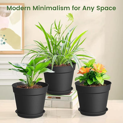 10 Pack 6 Inch Plant Pots with Drainage and Saucers, Black Plastic Flower Pots for Indoor and Outdoor Plants, Stackable Nursery Planters for Houseplants and Herbs, Black