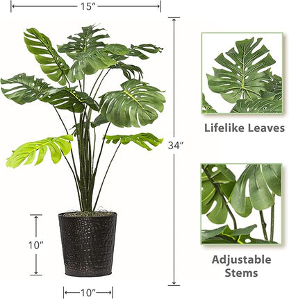2.8ft Faux Monstera Deliciosa - Realistic Fade Resistant Foilage, No Maintenance, Large Indoor Artificial Plant in Copper Metal Pot - Living Room, Home & Office Decor