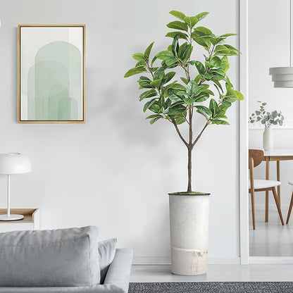 Artificial Tree in Gray Tan Watercolor Abstract Planter, Fake Magnolia Tree for Indoor and Outdoor Home Decoration - 70" Overall Tall (Plant Pot Plus Tree)