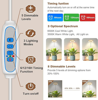 Grow Light, 48 LEDs Full Spectrum Plant Lights for Indoor Growing, Height Adjustable Wood Grain Plant Grow Light with Base, 3 Optional Spectrums, Auto Timer 6/12/16Hrs, 5 Brightness