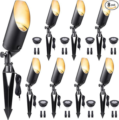 Gardenreet Brass Spot Light Low Voltage - Outdoor Landscape Spotlights, 12V Landscaping LED Uplights, Hard-Wired All Weather Black for Backyard Lawn with Day Light Changeable Bulbs (8 Pack)