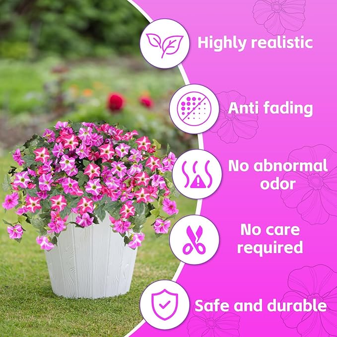 Artificial Fake Flowers for Outdoor Decoration,4 Pcs Faux Petunias Flowers UV Resistant Silk for Porch Yard Garden Home Indoor Decor(Purple Red)