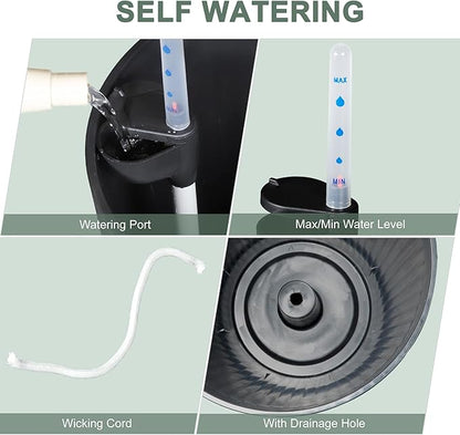 Self Watering Tall Planters for Outdoor Plants, 24” Set of 2 Large Flower Pots with Drainage Hole, Modern Plastic Black Planter for Indoor, Patio, Balcony (Ribbed)