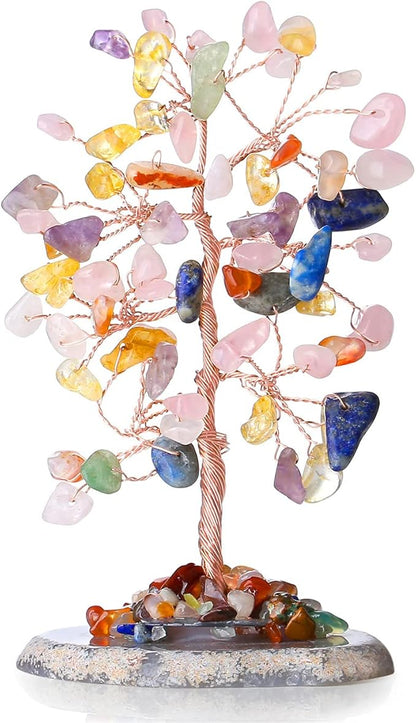 Muticolor Healing Crystal Tree of Life Natural Gemstone Agate Slice Base Copper Wire Wrapped Money Trees Feng Shui Reiki Spiritual Energy Decorations Home Office Room Desk Decor Gifts for Women Men