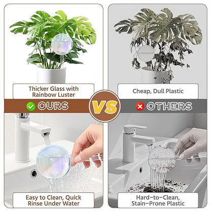 LASZOLA 4 Pcs Rainbow Glass Plant Self-Watering Globe for Indoor Outdoor, House Water Bulb for Small or Large Flower Pot, Iridescent Transparent Decorative Plant Dispenser Ball, Perfect for Vacation