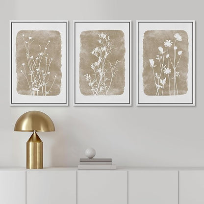 Ashbrook Framed Canvas Print Wall Art Set Vintage Country Farmhouse Flower Silhouette Nature Wilderness Illustrations Floral Botanical Minimal Calm/Relax/Cozy for Bedroom - 16"x24"x3 WHITE