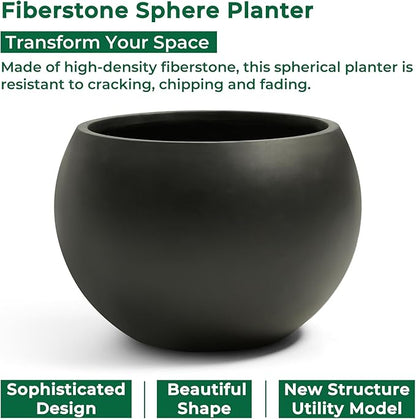 Fiberstone Sphere Planter, Black 19.3" Dia Large Flower Pot with Drainage Hole and Silicone Plug, Round Plant Container for Indoor or Outdoor, 15" Opening-13 H Large