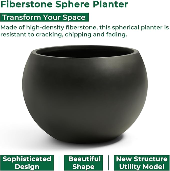 21.3" D Fiberstone Extra Large Planter, Black 16.6" Pot Opening x 14.8" H, Spherical Flower Pot with Drainage Hole, Weather Resistance Indoor Outdoor Planters