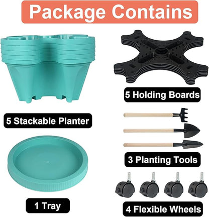 GameXcel Vertical Planter 5 Tier Stackable Planters Garden Planters Strawberry Herb Flower and Vegetable Planter Indoor Outdoor Gardening Pots with Removable Wheels and Tools