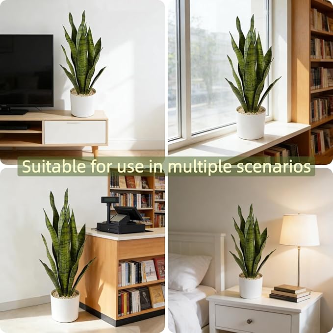 Fake Snake Plant, 27in Fake Plant with White Pot Realistic Leaves, Low Maintenance Artificial Potted Plants for Indoor Decor, No Watering Needed, Perfect for Home, Office & Pet Areas