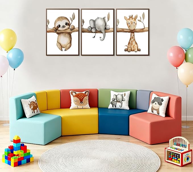 3Pcs Nursery Animal Wall Art Safari Nursery Picture Painting Jungle Animal Wall Decor Cute Elephant Sloth Giraffe Posters Prints Artwork for Boys Girls Baby Room Decoration 12x16in