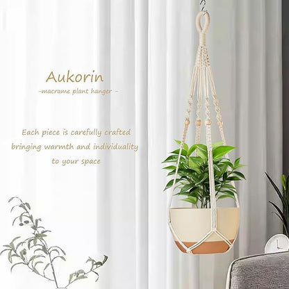Macrame Plant Hanger Indoor with Wood Beads and No Tassels,35 Inch Extra Long Strong Hanging Planter Flower Pot Holder Boho Home Decor,Set of 2,Ivory(Pots Not Included)