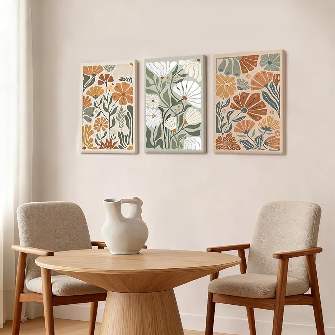 Kdyudo 3 pcs Framed Bohemian Wildflower wall art, Abstract Floral Canvas Print Green and Beige Hand-Painted Botanical Poster Modern Minimalist Style Wall Decor for Bedroom and Living Room 16x24 Inch