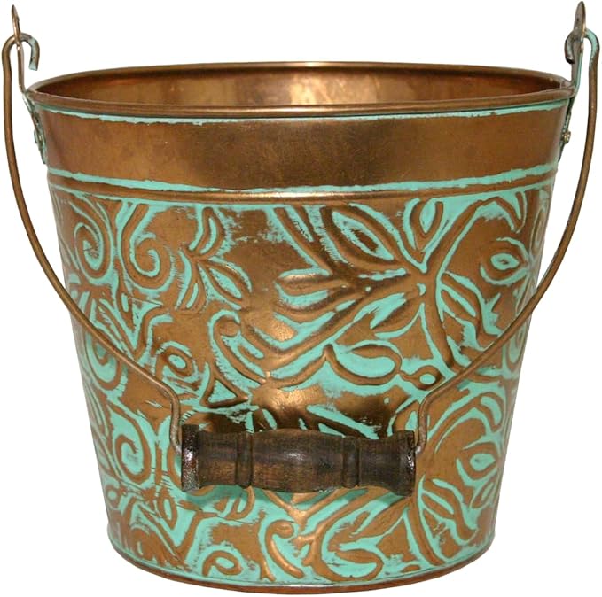 Headwind Robert Allen Vintage Floral Metal Planter with Handle, 12-Inch, Vintage Copper – Lightweight Indoor/Outdoor Flower Pot with Drainage Hole