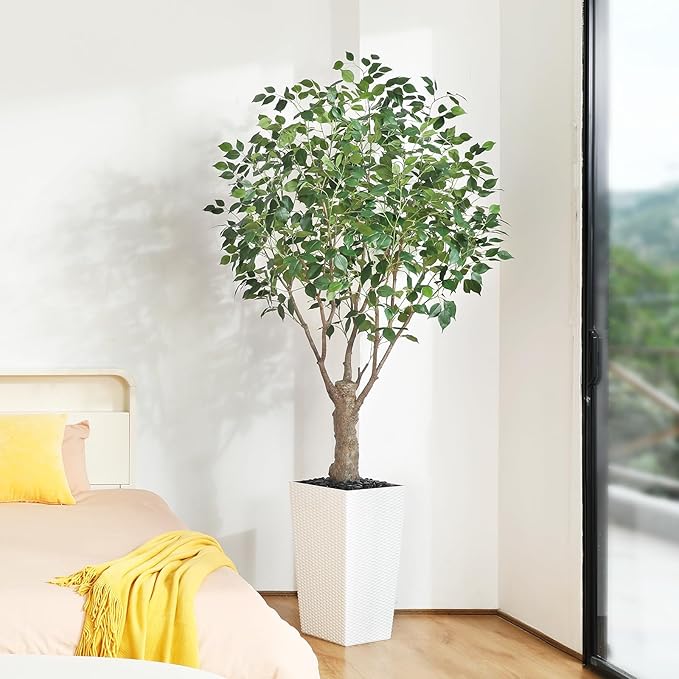 Ficus Artificial Trees Indoor Outdoor, 7ft Tall Fake Plants, Fake Ficus Silk Tree for Home Office Garden Patio Outdoor Modern Decor, 1 Pack