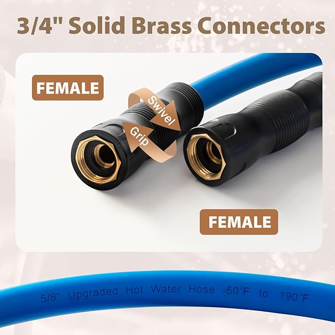 5/8" Female to Female Hot/Cold Water Leader Hose 20ft, -50℉ to 190℉ Flexible,Burst 600 Psi 3/4" Brass Fittings with Swivel Grip Handle for Outdoor,Yard, Farm, Blue