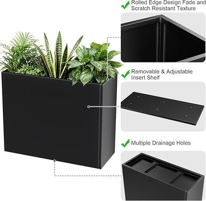 Tall Metal Planter Box for Outdoor Plants 38" L x 13" W x 30", Heavy Duty Steel Large Rectangular Planter Box with Removable Insert Shelf, Modern Décor for Tall Plants, Trees, Flowers (Black)