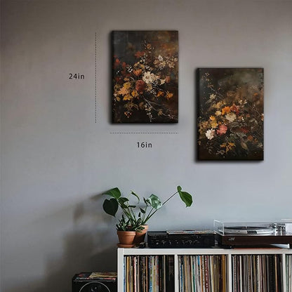 2pcs Vintage Dark Floral Canvas Wall Art Moody Autumn Floral Wall Decor Pictures Country Flowers Posters Prints Still Life Paintings for Farmhouse Living Room Bedroom Dining Room Decor 16x24 Inch