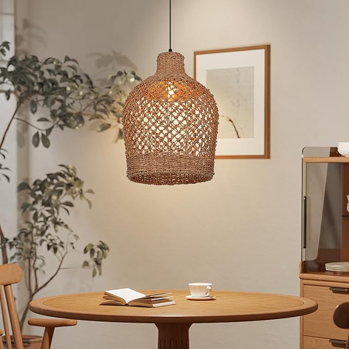Arturesthome Rattan Pendant Light Woven Chandelier Handwoven Boho Coastal Pendant Lighting Rattan Basket Ceiling Hanging Light for Dining Room Living Room D 11.8″* 15.7″