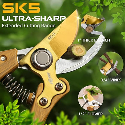 DECERK 8.5" Professional Bypass Pruning Shears – Heavy Duty Garden Scissors & Clippers for Wood & Tree Trimming, Ultra Sharp SK5 Blade, Ergonomic Handle, Perfect Gardening Gift, 2025 Wood-Like Finish